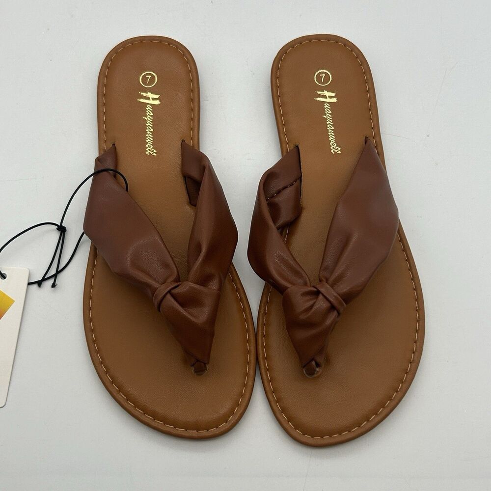 Huayuanwell Women’s Brown Bow Thong Slip-On Flat Sandals Casual US 7